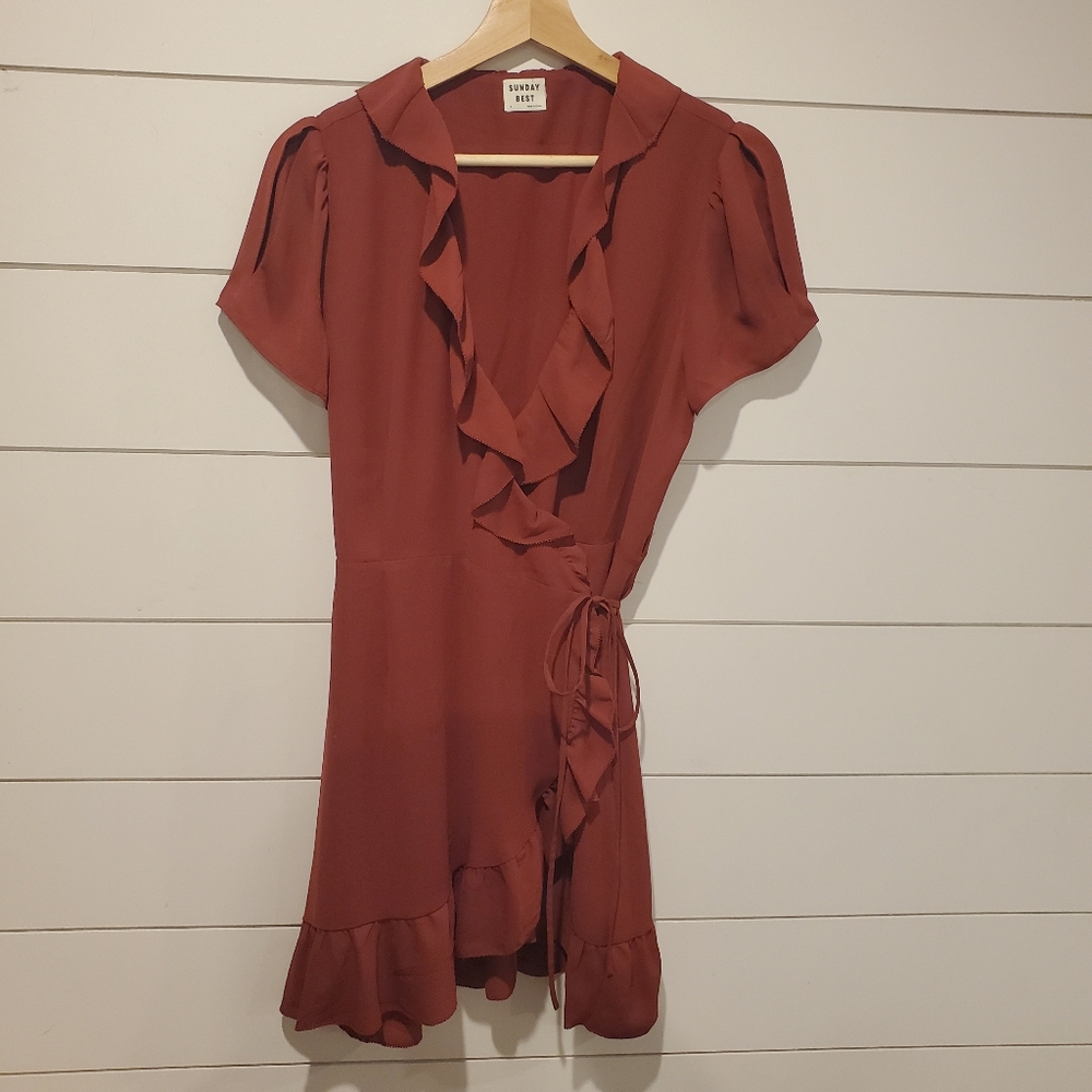 Sunday Best 6 Aritzia Dress Brick Red Ruffle Crossover Flowy Cocktail Mini Dress